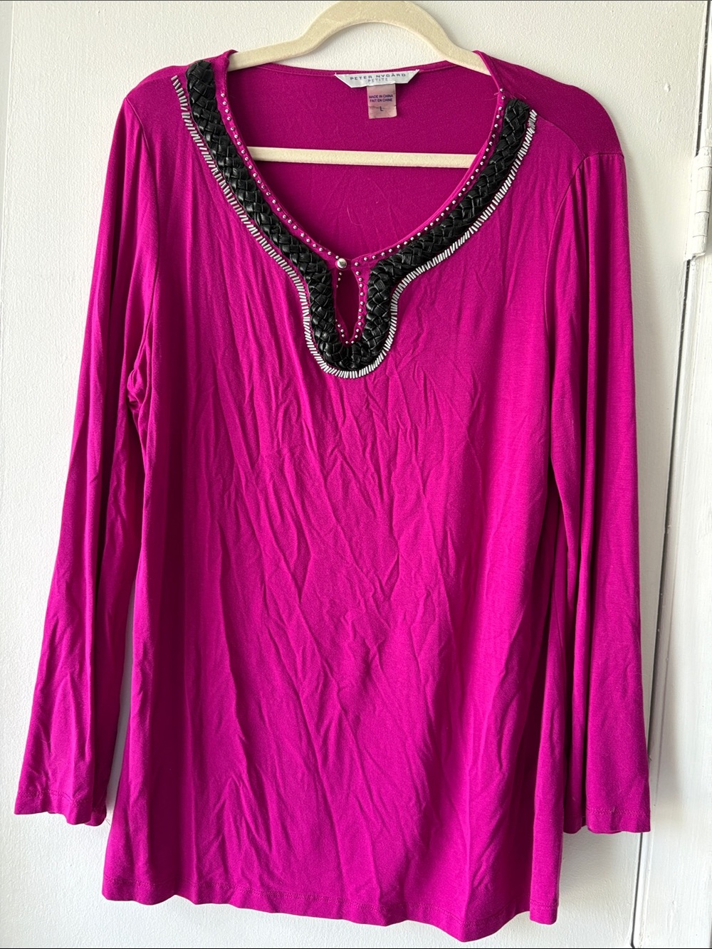 Peter Nygard Fuchsia Long Sleeve Tee with FaLeather Black & Silver Beaded V